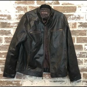 Men’s Guess Faux Leather Moto Jacket Size Large. Dark Brown.